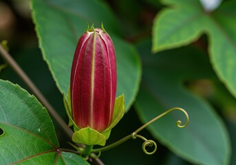 A close up of a red passion flower bud with green leaves and a curly tendril in the background view