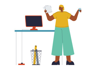 Woman standing in office and carrying files. Busy People illustration. Flat vector illustration concept