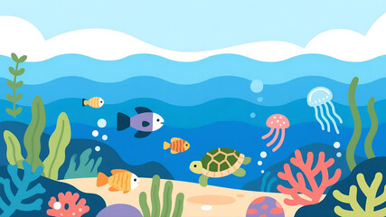 Fototapeta premium Colorful Underwater Scene with Illustrations of Sea Animals and Coral Reefs, world ocean day