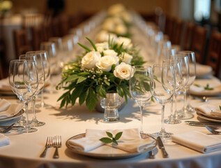 Fototapeta premium The image shows a beautifully set dining table with white linens, elegant glassware, and a centerpiece of white roses and greenery