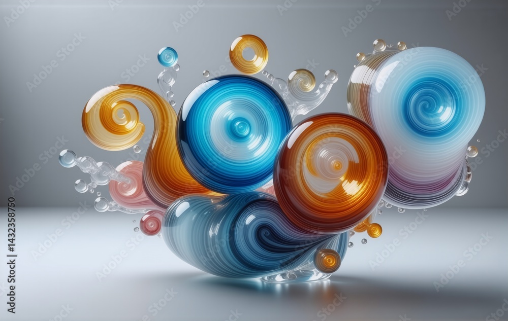 Poster abstract 3d render of swirling, glossy, colorful spheres and spirals. the vibrant forms suggest move