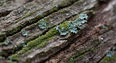 Natural Texture Of Moss And Lichen On Old Tree Bark Close Up