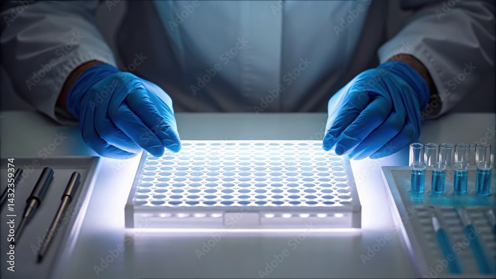 Poster organized gloved hands preparing biopsy samples in laboratory setting