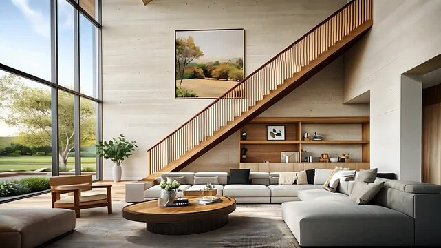 Modern living room with high ceilings, wooden staircase, and large windows