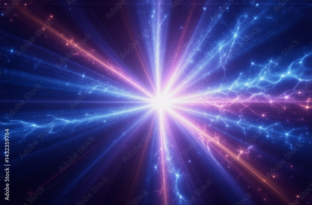 Poster a vibrant cosmic explosion, radiating pink and blue energy, bursts from a central point. intense lig