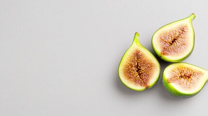 Fresh figs sliced open, revealing their pinkish interior with a unique texture, placed on a light gray background.