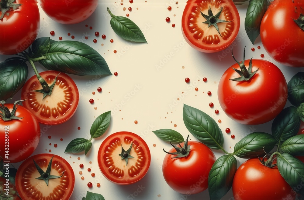 Poster Here's a description and keywords based on your specifications:

**Image Description:**

A vibrant overhead shot showcases ripe red tomatoes and fresh basil leaves artfully arranged on a white backgro