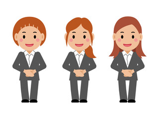 手を前で重ね、笑顔のグレースーツの若い女性。その2