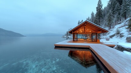 Fototapeta premium Lakefront Cabin in Snowy Winter Landscape