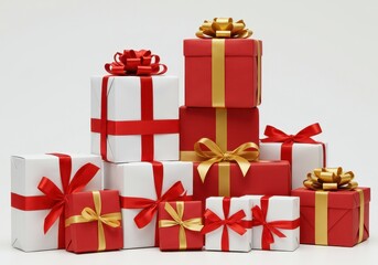 Obraz premium A collection of red and white gift boxes with gold and red ribbons on a white background setting studio shot