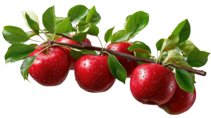 Ripe Apples on Branch: A close-up showcases vibrant, ripe red apples hanging on a branch, with fresh green leaves. The fruit exudes freshness and the promise of deliciousness.