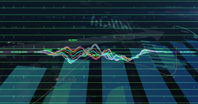 Multicolored waveforms streaming across grid interface, showing vertical bars and percentage charts
