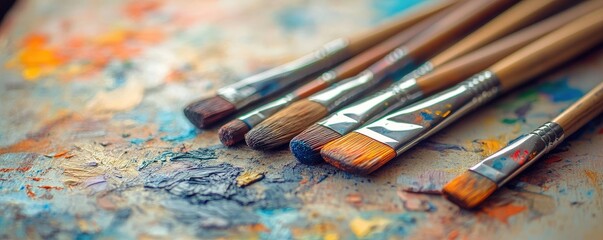 Fototapeta premium A vibrant assortment of paintbrushes in various sizes, alongside an array of colorful paint tubes, scattered on a rustic wooden table, with splatters of paint adding artistic flair.