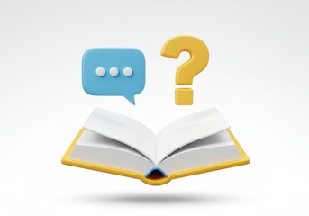 Open book with a blue speech bubble and a yellow question mark on a plain white background scene render
