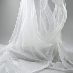 Obraz premium A graceful woman in an elegant white dress, adorned with delicate lace, wears a flowing veil and a stunning floral headpiece, radiating beauty and tranquility in a serene outdoor setting.