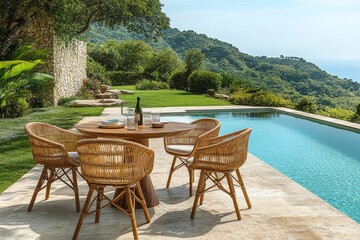 Obraz premium Outdoor dining setting with natural wood tables, rattan and bamboo chairs, infinity pool, and green grass, creating a serene and elegant atmosphere.