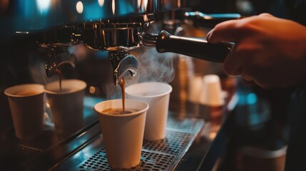 A barista pours steaming coffee into a cup from an espresso machine.