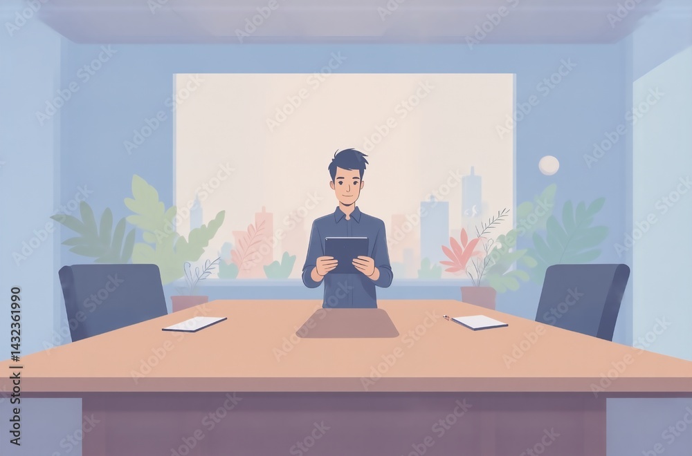 Poster a stylized avatar of a person stands at a conference table in a modern office, holding a tablet. lar