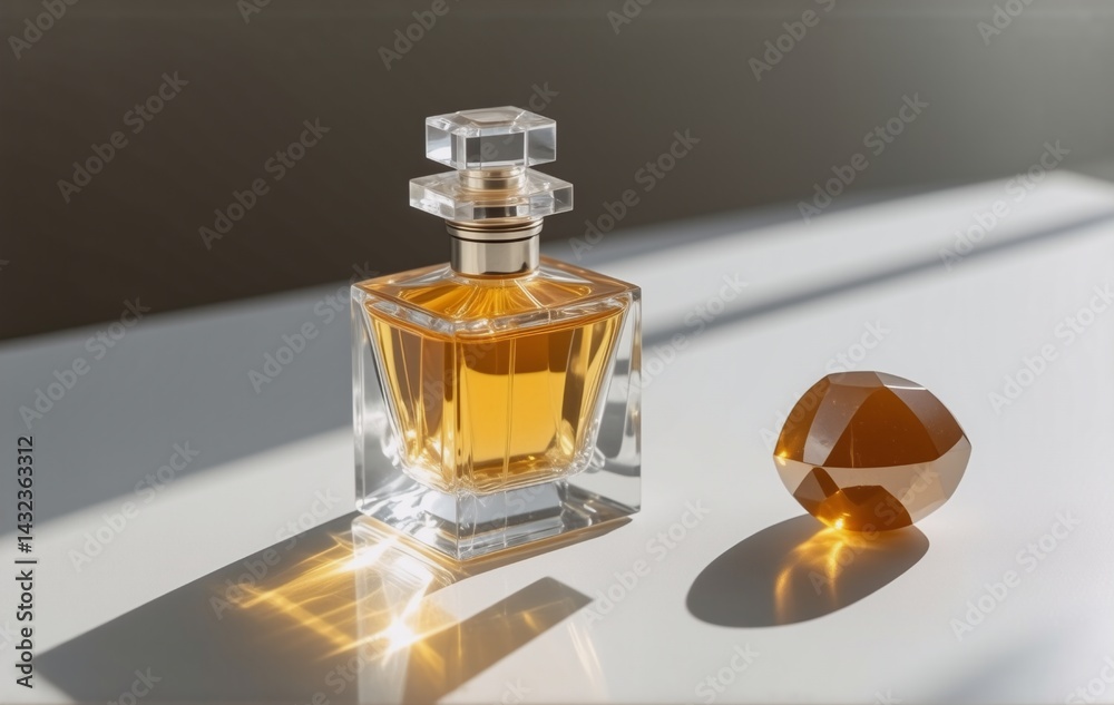 Poster elegant amber perfume bottle with a matching stopper, bathed in sunlight on a reflective surface. th