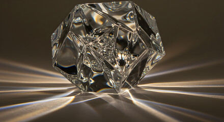 Abstract Crystal Sculpture Casting Intense Rays of Light on a Dark Backdrop