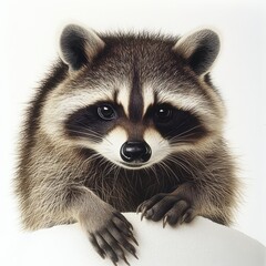 A curious raccoon peers over the edge of a weathered wooden sign, its bright eyes sparkling with mischief. The background features lush greenery, enhancing the playful scene.
