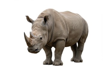 Obraz premium A rhinoceros standing on a white background showing its horns and thick skin in full body view