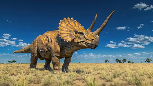 A triceratops walking through a vast plain under a bright sky.
