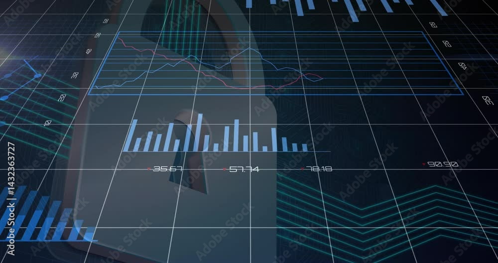 Poster translucent padlock icon visualizing cyber analytics showing neon line graphs and donut chart