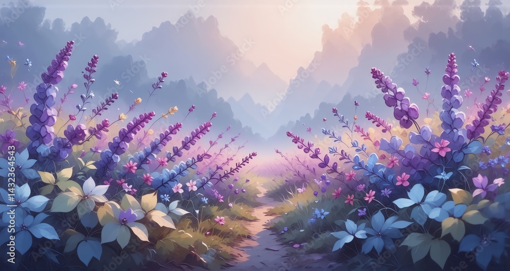 Poster a serene path winds through a field, flanked by blossoming purple flowers and lush foliage bathed in