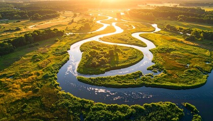 Meandering river delta seen from above with lush greenery and trees