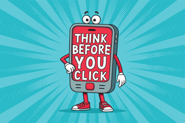 Design a cute, cartoon phone character, thoughtfully pondering, with a speech bubble saying "Think before you click (1)".  Focus on a friendly, approachable design.