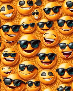 A vibrant collection of various emoticon smiley faces, all sporting stylish sunglasses. Each face displays a unique expression, radiating joy and fun in a colorful arrangement.