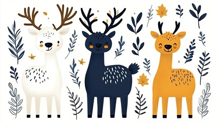 Obraz premium Cute deer illustrations with autumnal foliage