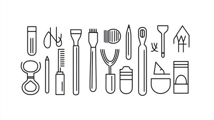 Makeup tools and accessories set, beauty, white background, simple line art, for website design