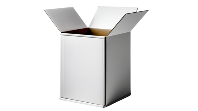 Empty Cardboard Box: A plain, white cardboard box, opened with its flaps spread wide. Ready to be filled with whatever your imagination can conceive. This image offers a clean.