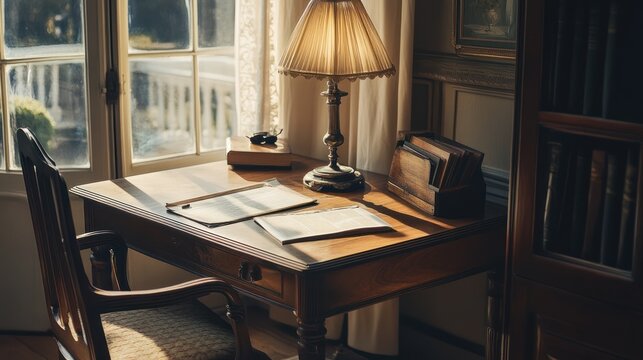 A cozy study setup with warm lamp light and vintage wooden desk, evoking nostalgia