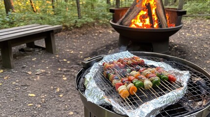 Freshly grilled skewers resting on foil beside a wood-fired BBQ pit
