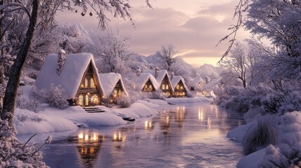 Enchanted Winter Village by the River
