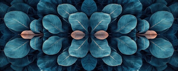 A vibrant pattern featuring an array of blue and green leaves, intricately designed with varying shapes and sizes, creating a lush, tropical feel that evokes nature's beauty.