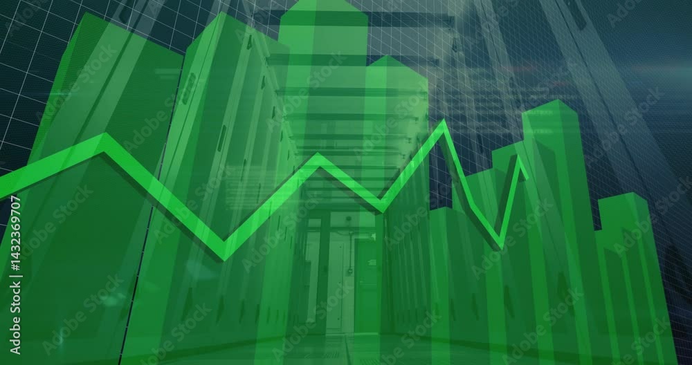 Poster futuristic data center corridor showing floating translucent green 3d bars and zigzag line graph
