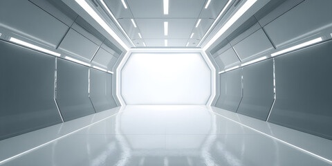 White background 3D room light abstract space technology tunnel stage floor. Empty white future 3D neon background studio futuristic corridor render modern interior silver road black wall design gray