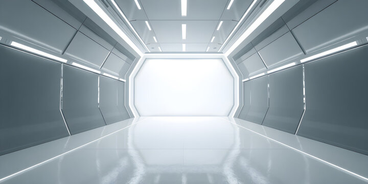 White background 3D room light abstract space technology tunnel stage floor. Empty white future 3D neon background studio futuristic corridor render modern interior silver road black wall design gray - Powered by Adobe