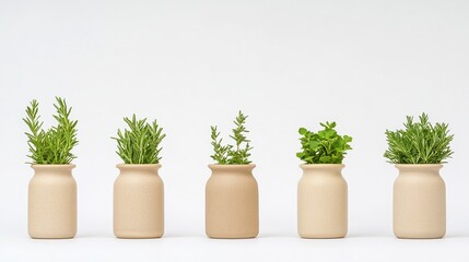 Obraz premium A minimalist arrangement of potted herbs in simple beige containers, showcasing a variety of green plants against a clean background.