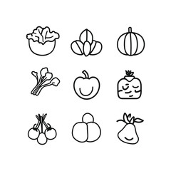 Outlined Fruit and Vegetable Icons Set with Transparent Background, Clean Style Design