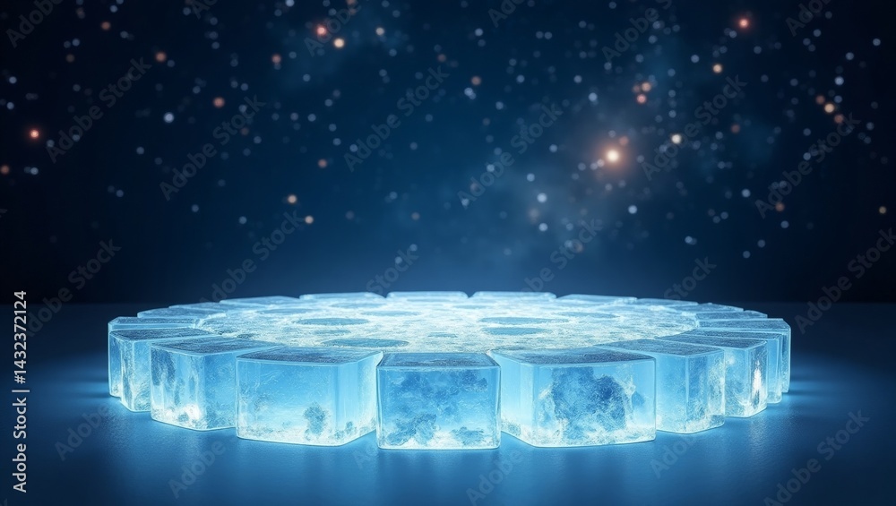 Wall mural abstract ice platform in a starry sky, perfect for product display and presentation