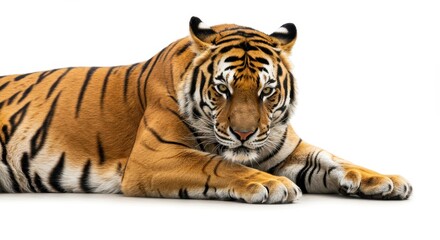 Obraz premium A tiger lying down with its paws outstretched on a white background looking directly at the viewer
