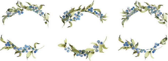 水彩画。水彩タッチのブルーベリーイラスト。ブルーベリーと緑の植物のベクター背景。夏。Adobe Stock_template_5_3Watercolor painting. Blueberry illustration with watercolor touch. Blueberry and green plants vector background. Summer.