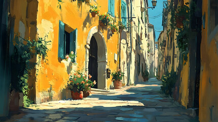 Sunny, narrow alleyway lined with vibrant yellow buildings.