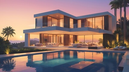 Fototapeta premium Luxurious modern villa with an infinity pool, sunset lighting, and artistic landscaping, vector art