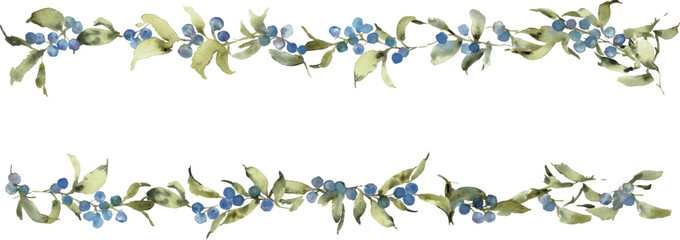 水彩画。水彩タッチのブルーベリーイラスト。ブルーベリーと緑の植物のベクター背景。夏。Adobe Stock_template_5_3Watercolor painting. Blueberry illustration with watercolor touch. Blueberry and green plants vector background. Summer.